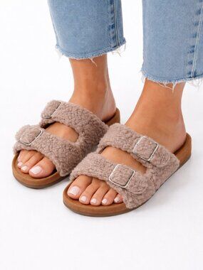 R2 Report Womens Sherpa Double Buckle Slide Sandals Size 6 Tan Bernette